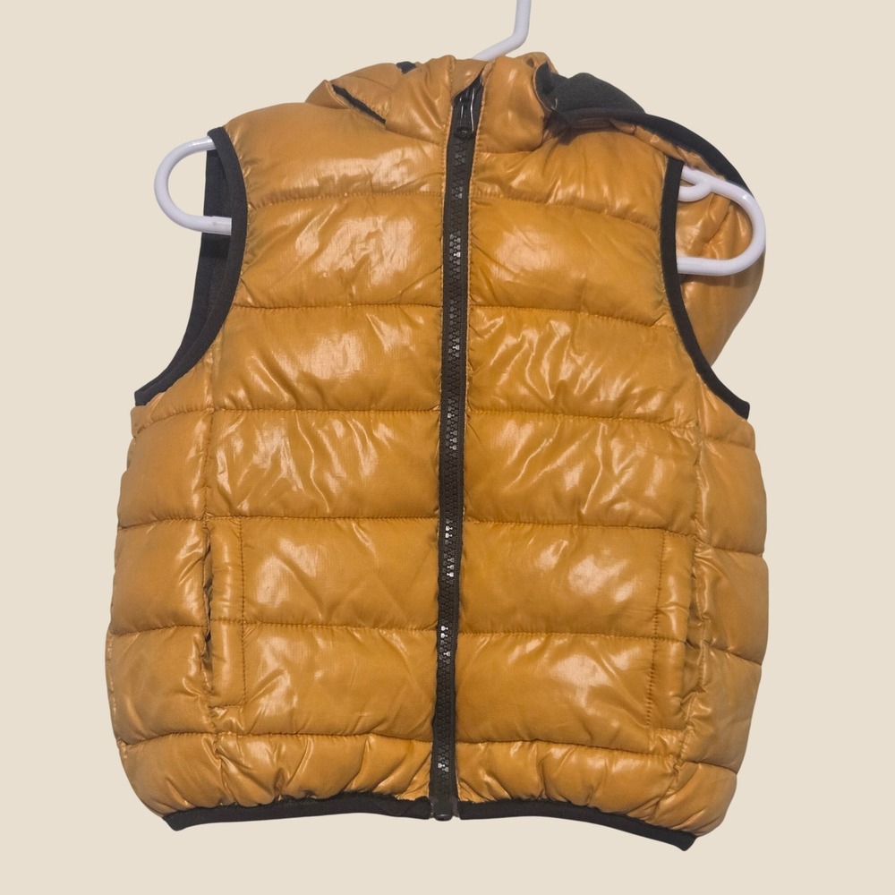 Zara Baby Boy Mustard Yellow Quilted Puffer Vest Hooded Fleece Lined 12-18M